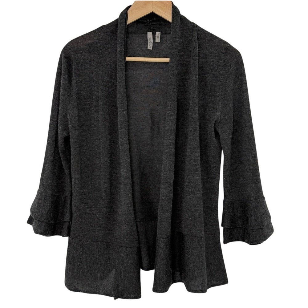 Caslon Women's Gray Merino Wool Blend Ruffle Sleeve‎ Open Front Cardigan Small